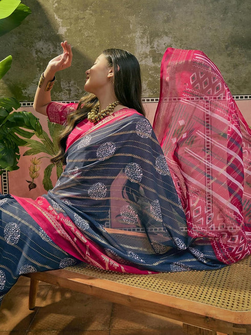 Vasthrlay Georgette Printed Unstitched Rani Pink Saree
