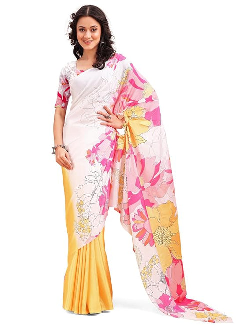 Vasthrlay Printed Kaftan Freehand Pink-Yellow-White Bollywood Satin Saree with Unsticted Blouse Piece