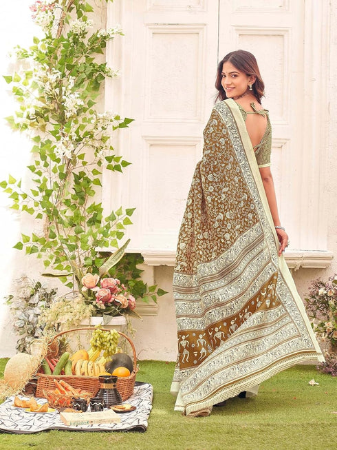 Vasthrlay Womens Printed Unstitched Dusty Pink Saree