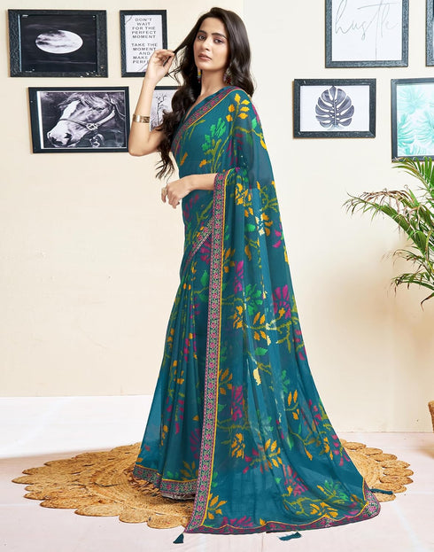 Vasthrlay Chiffon Tassels Unstitched Dark Green Saree
