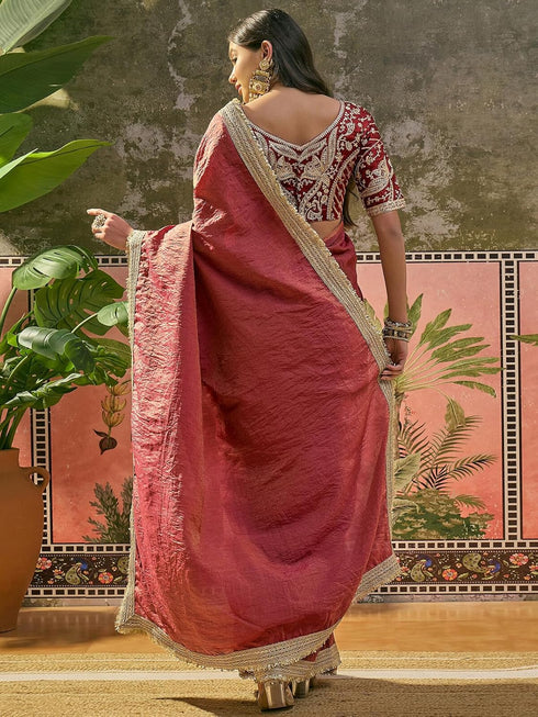 Vasthrlay Womens Tissue Maroon Saree With Unstitched Blouse Piece