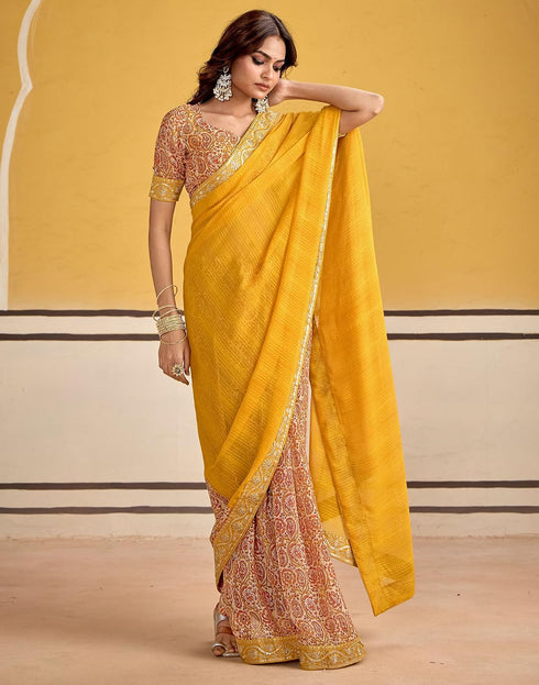 Vasthrlay Georgette Embroidery Yellow Saree With Unstitched Blouse Piece