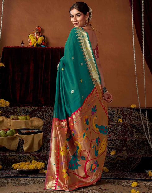 Vasthrlay Womens Paithani Teal Green Saree With Red Unstitched Blouse Piece