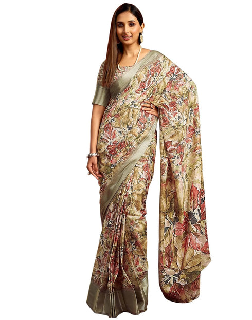 Vasthrlay Printed Jacquard Beige Saree With Unstitched Blouse Piece