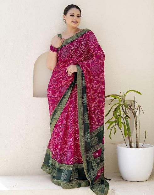 Vasthrlay Chiffon Bandhani Pink Saree With Black Unstitched Blouse Piece