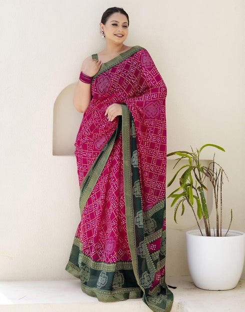 Vasthrlay Chiffon Bandhani Unstitched Pink Saree