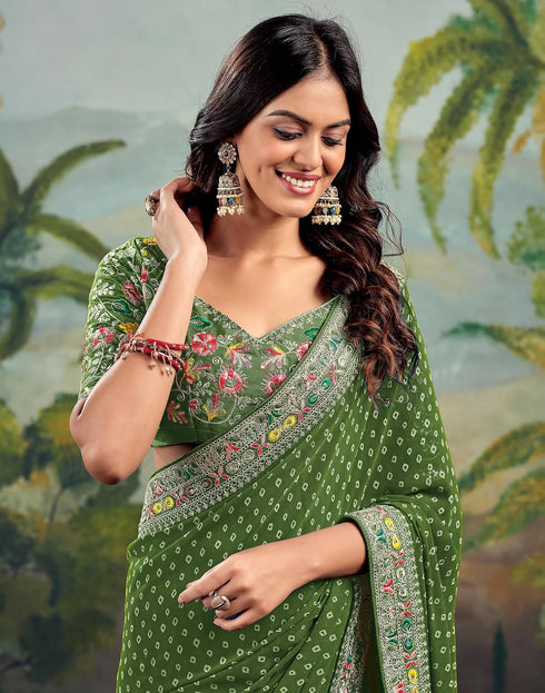 Vasthrlay Georgette Embroidery Green Saree With Unstitched Blouse Piece