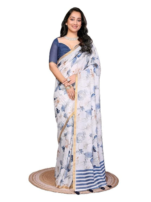 Vasthrlay White1 Floral Printed Design Linen Saree With Solid Unstitched Linen Blouse Piece