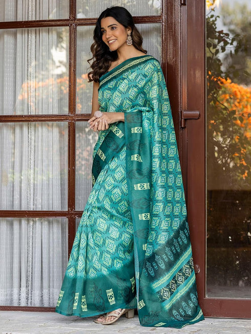 Vasthrlay Shimmer Printed Unstitched Light Green Saree