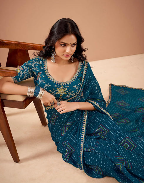 Vasthrlay Georgette Embroidery Unstitched Dark Green Saree
