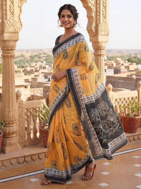Vasthrlay Printed Lemon Yellow1 Yellow Saree