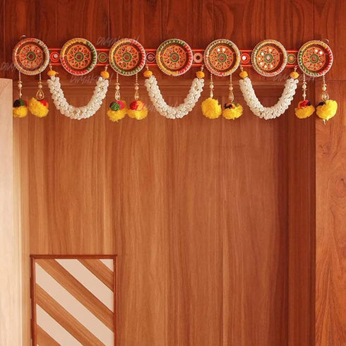 Divyakosh Toran/Bandanwar for Home Decoration, Round Embroidery Pom Pom Mogra Flower, 38 Inch