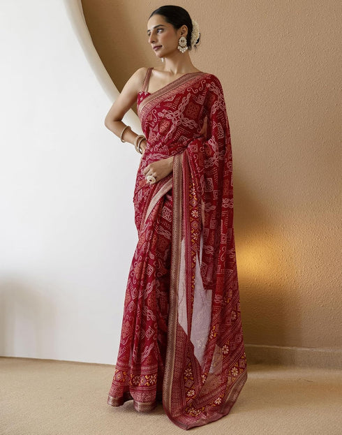 Vasthrlay Georgette Bandhani Unstitched Maroon Saree