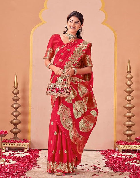 Vasthrlay Kanjivaram Jacquard Unstitched Mustard Saree