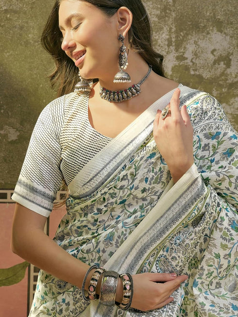 Vasthrlay Womens Printed Unstitched Beige Saree