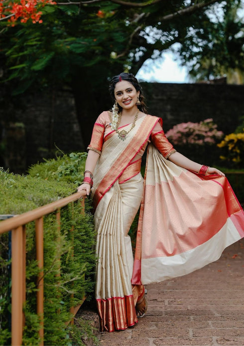 Vasthrlay White Banarasi Unstitched Saree