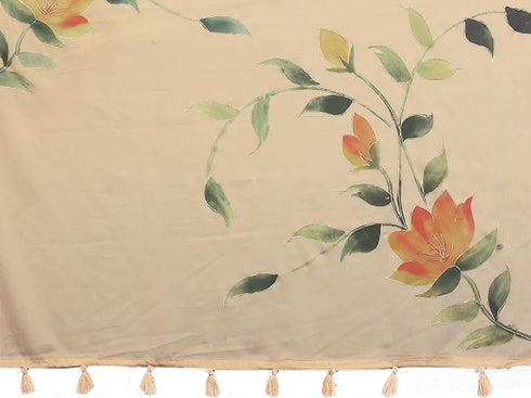 Vasthrlay Multicolour2 Leaf Print Organza Saree With Mustard Piping And Ruched Sleeveless Unstitched Blouse Piece
