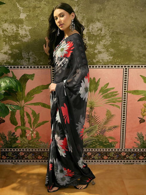 Vasthrlay Georgette Printed Teal Saree