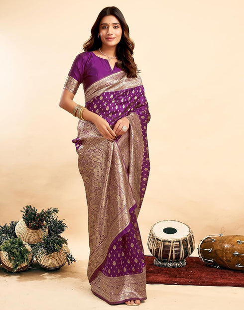 Vasthrlay Kanjivaram Banarasi Wedding Purple Saree With Unstitched Blouse Piece