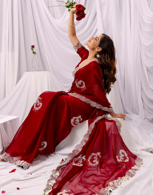 Vasthrlay Chiffon Scalloped Unstitched Maroon Saree