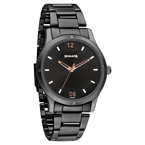 Sonata Women of Steel Black Dial Stainless Steel Strap Watch for Women