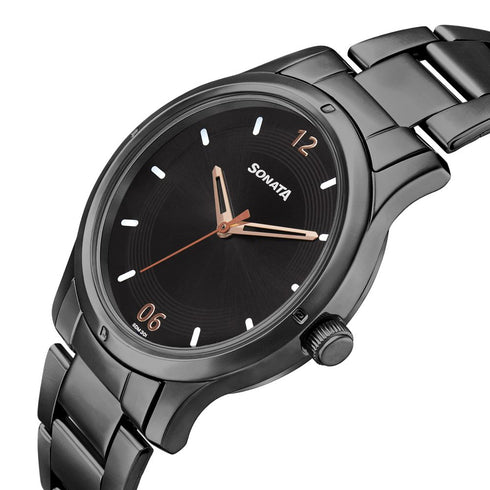 Sonata Women of Steel Black Dial Stainless Steel Strap Watch for Women