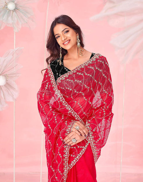 Vasthrlay Embroidery Scalloped Red Saree With Unstitched Blouse Piece