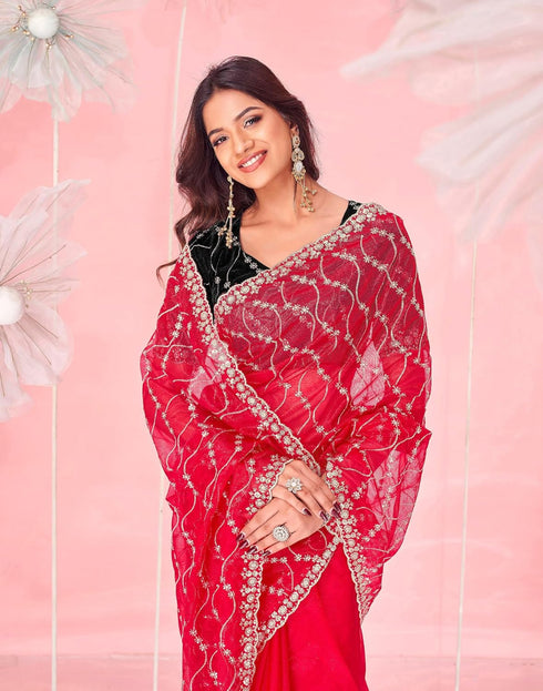 Vasthrlay Embroidery Scalloped Unstitched Red Saree