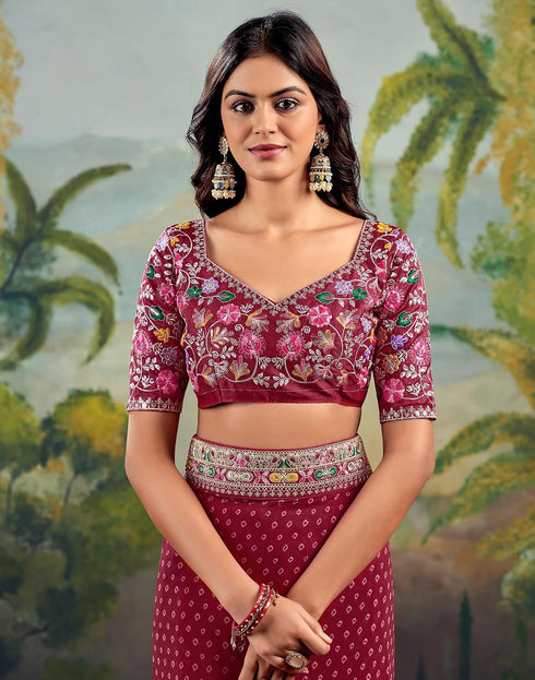 Vasthrlay Embroidery Traditional Dark Red Saree With Unstitched Blouse Piece