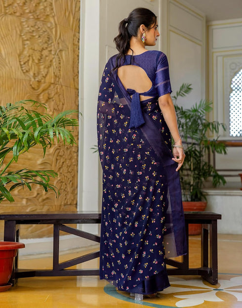 Vasthrlay Georgette Printed Unstitched Dark Green Saree