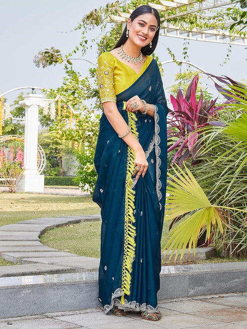 Vasthrlay Scalloped Embroidery Dark Saree