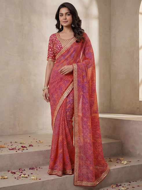 Vasthrlay Georgette Embroidery Unstitched Orange Saree