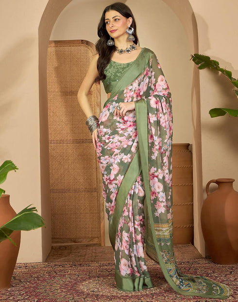 Vasthrlay Womens Printed Unstitched White Saree