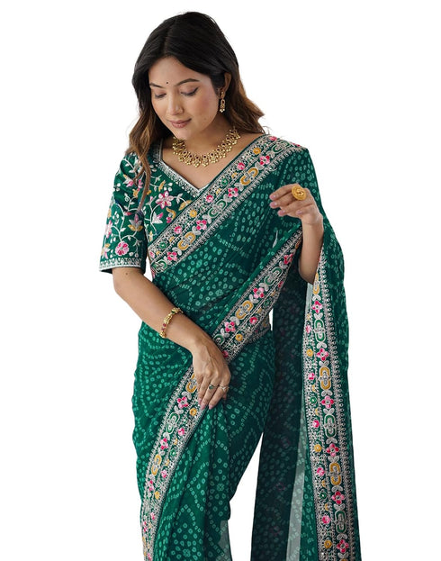 Vasthrlay Georgette Embroidery Teal Green Saree With Unstitched Blouse Piece