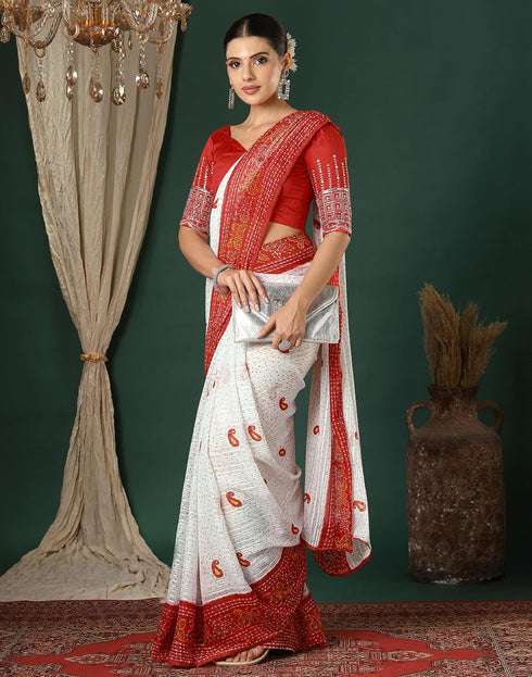 Vasthrlay Georgette Bandhani Unstitched White Saree