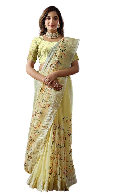 Vasthrlay Yellow Embroidery Saree