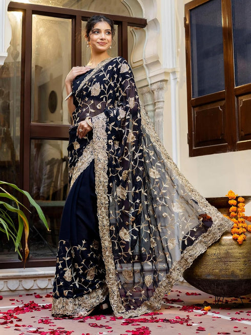 Vasthrlay Georgette Embroidery Unstitched Dark Green Saree