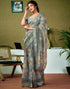 Vasthrlay Womens Cotton Printed Grey And Green Saree With Unstitched Blouse Piece