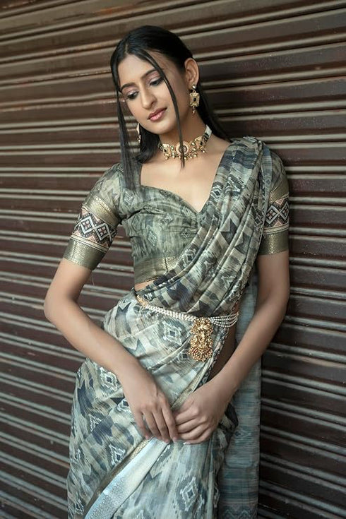 Vasthrlay Greyscale Abstract Floral Polyester Saree With Zari Border And Ruched Unstitched Blouse Piece