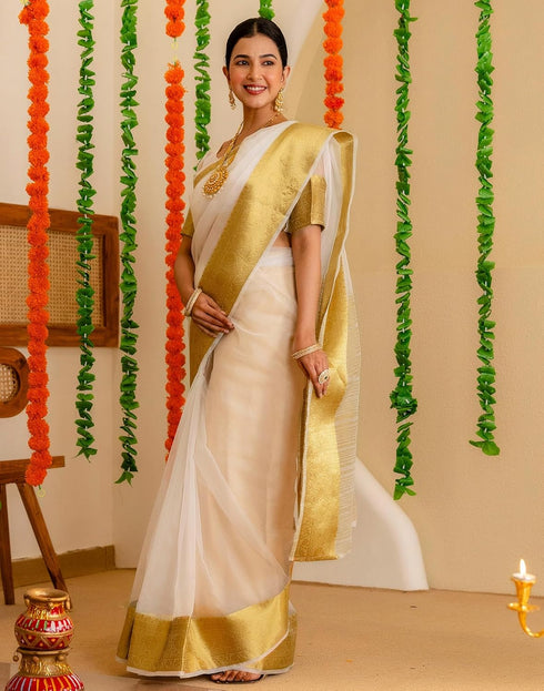 Vasthrlay Special Weaving Unstitched Off White Saree