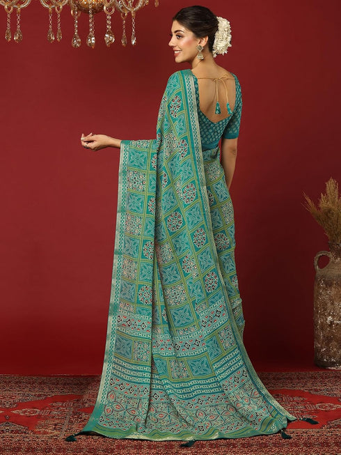 Vasthrlay Georgette Bandhani Teal Green Saree With Unstitched Blouse Piece