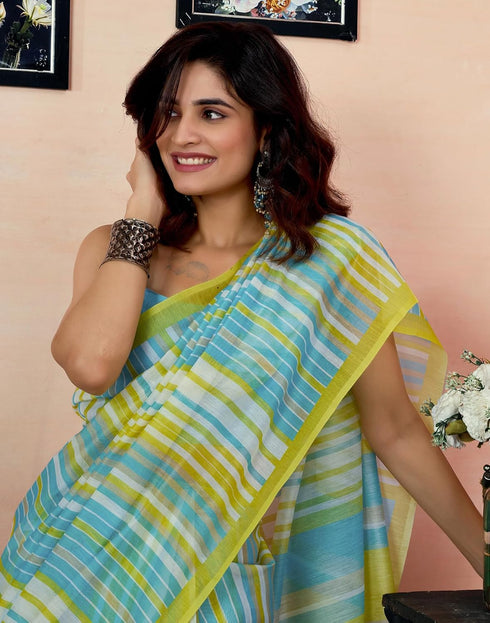Vasthrlay Printed Chanderi Unstitched Teal Saree
