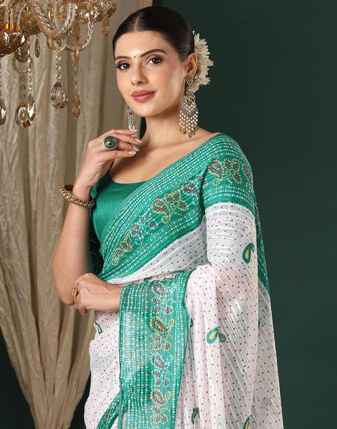 Vasthrlay Georgette Bandhani Unstitched White Saree