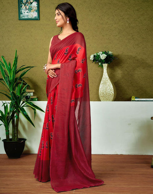 Vasthrlay Chanderi Printed Red And Black Saree With Unstitched Blouse Piece