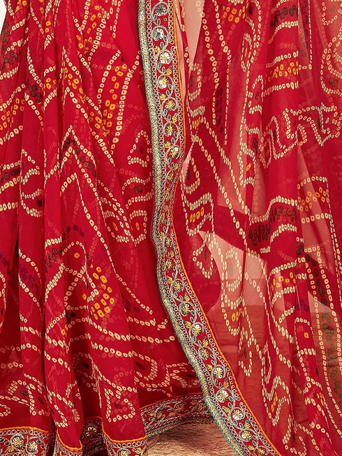 Vasthrlay Georgette Embroidery Printed Sequence Embroidery Red Saree With Unstitched Blouse Piece