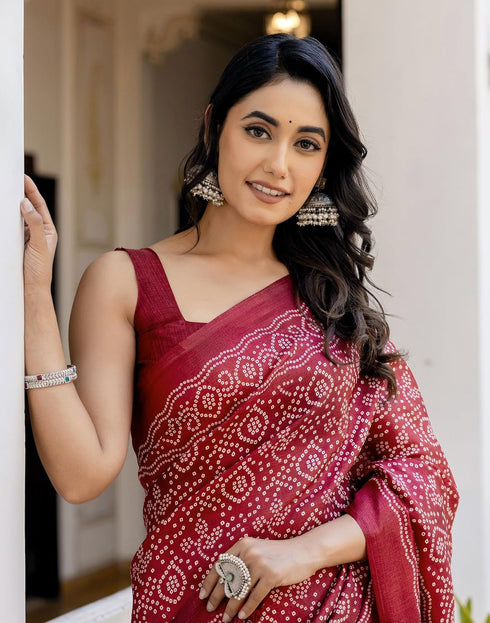Vasthrlay Bandhani Printed Unstitched Wine Saree