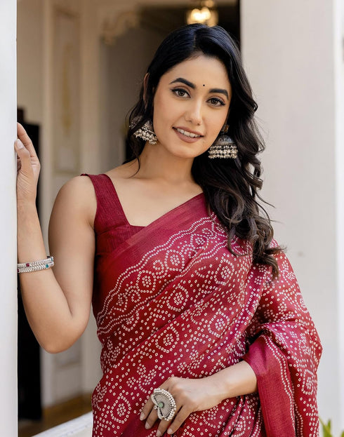 Vasthrlay Bandhani Printed Dark Red Saree With Unstitched Blouse Piece