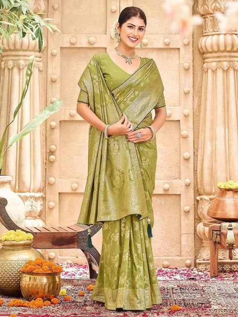 Vasthrlay Womens Banarasi Parrot Green Saree With Unstitched Blouse Piece