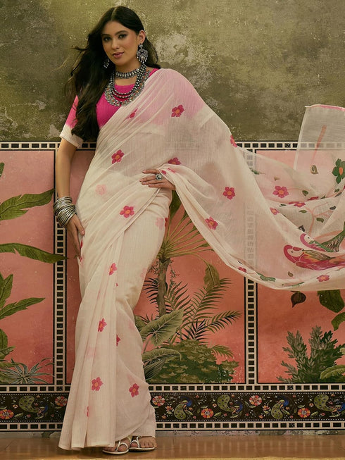 Vasthrlay Printed Off White Off White Saree
