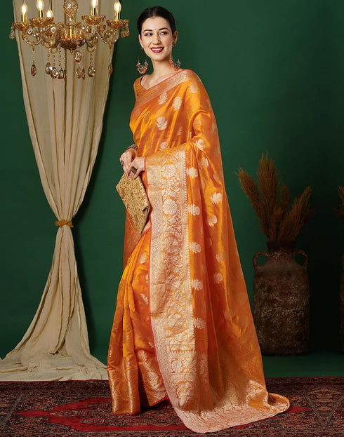 Vasthrlay Banarasi Kanjivaram Orange Saree With Unstitched Blouse Piece